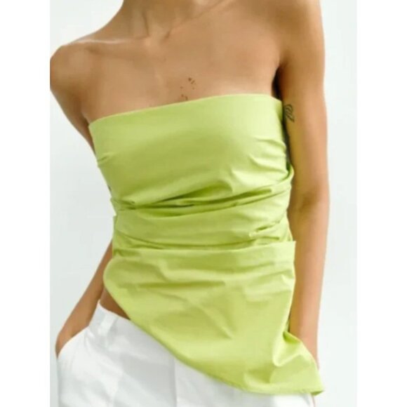 ZARA Women's Green Ruched Poplin Strapless Tube Top Asymmetrical Size XS - Picture 1 of 5